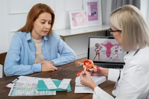 Médica em consultório explicando o câncer de vulva para uma mulher, usando uma miniatura modelo do sistema reprodutivo feminino.