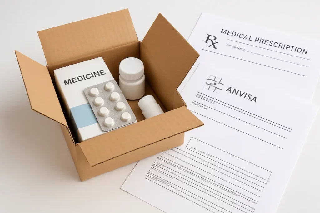 Caixa aberta com medicamentos sobre documentos médicos, ilustrando o processo de importar remédio no Brasil