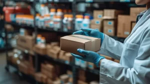 Pessoa de luvas segura caixa em armazém, representando a importação de medicamentos para uso pessoal.