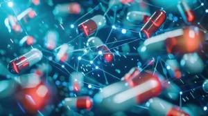 Imagem modernista de comprimidos com moléculas, simbolizando como importar medicamentos inovadores.