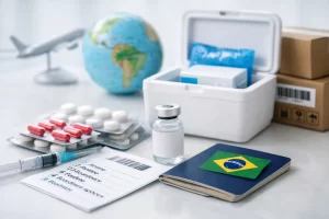 Capa sobre medicamentos mais importados no Brasil com caixa térmica, rastreio e frascos