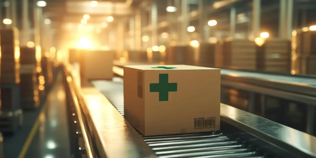 Imagem de uma caixa de remédio sobre uma esteira logística, simbolizando a importação urgente de medicamentos.