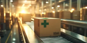 Imagem de uma caixa de remédio sobre uma esteira logística, simbolizando a importação urgente de medicamentos.