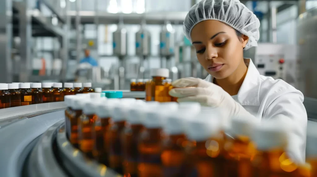 Profissional farmacêutica fazendo controle de qualidade e verificação da procedência de medicamentos.