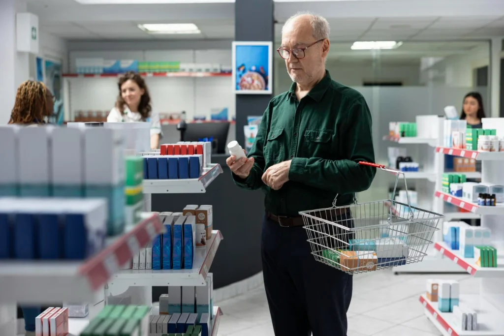 Idoso em farmácia segura frasco de medicamento enquanto escolhe produtos nas prateleiras organizadas.