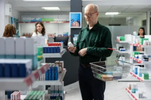 Idoso em farmácia segura frasco de medicamento enquanto escolhe produtos nas prateleiras organizadas.